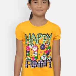 SINI MINI Girls Yellow Printed Round Neck T-shirt-image-74