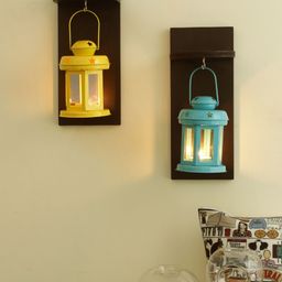 TIED RIBBONS Set of 2 Brown & Blue Wall Shelf With Lantern-18