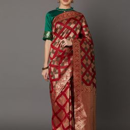Mitera Red & Gold-Toned Silk Blend Woven Design Kanjeevaram Saree-image-92