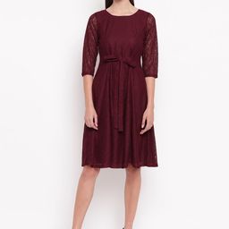 AKIMIA Women Burgundy Lace Fit and Flare Dress-image-33