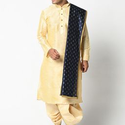 DEYANN Men Cream Coloured & Blue Solid Dupion Silk Kurta with Dhoti Pants & Dupatta-14