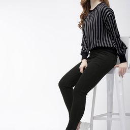 Harvard Women Black & Grey Striped Regular Top-picture-19