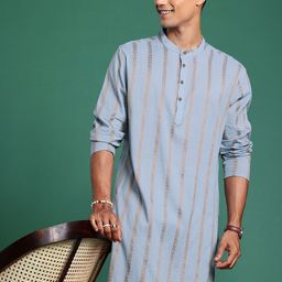 Sangria Men Geometric Woven Design Mandarin Collar Pure Cotton Kurta-picture-1