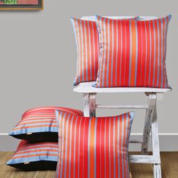 ANS Orange & Silver-Toned Set of 5 Striped Square Cushion Covers-20