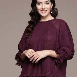 Label Ritu Kumar Bell Sleeves High Neck Accordion Pleated Georgette Top-47