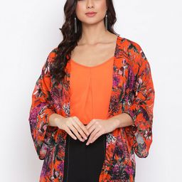 Oxolloxo Women Orange & Black Floral Printed Open-Front Shrug with Camisole-picture-14