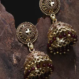 ANIKAS CREATION Maroon & Gold-Plated Enamelled Dome Shaped Jhumkas-picture-26