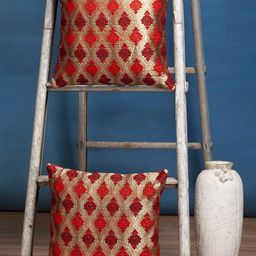 Alina decor Red & Gold Set of 2 Self Design Square Cushion Covers-2
