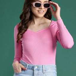 DressBerry Pink Self Design Sweetheart Neck Top-picture-33