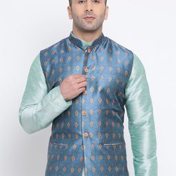 NAMASKAR Men Blue & Orange Woven Design Nehru Jacket-34