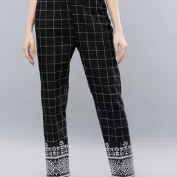 Vishudh Women Black & Off-White Slim Fit Checked Regular Trousers-image-98