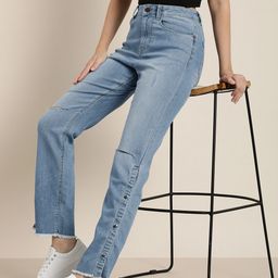 HERE&NOW Women Straight Fit High-Rise Mildly Distressed Light Fade Stretchable Jeans-picture-16