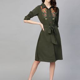 plusS Women Olive Green Solid Shirt Dress with Embroidered Detail & Belt-image-37