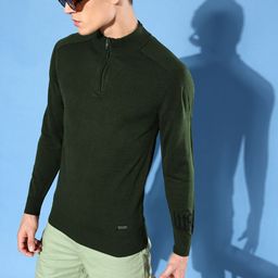 WROGN Men Olive Green Solid Henley-Neck Pullover Sweater-image-25