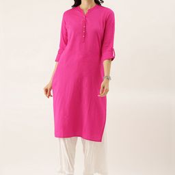 Divena Women Pink Solid Mandarin Collar Roll-Up Sleeve Kurta-12