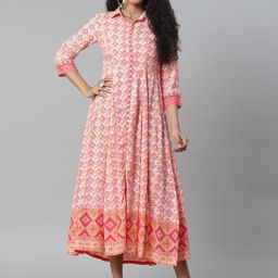 Rangriti Women Pink & White Liva Printed Shirt Maxi Dress-image-36