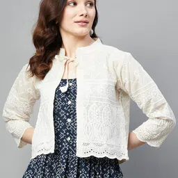 Aarika Women Off White Embroidered Crop Open Front Jacket-36