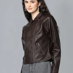 Flying Machine Women Brown Solid Lightweight Biker Jacket-image-80