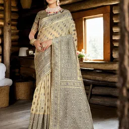 Anouk Cream Colour & Blue Ethnic Motifs Linen Blend Saree-picture-38