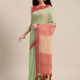 Anouk Green & Off White Checked Pure Linen Saree-image-71