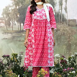 Libas Floral Printed Pleated Lace Work Kurta with Palazzos-image-33
