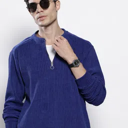 The Indian Garage Co Self Design Henley Neck Drop-Shoulder Sleeves Corduroy Sweatshirt-image-67