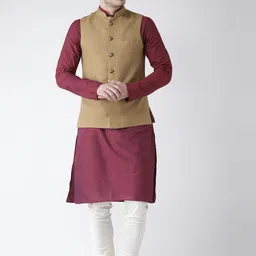 KISAH Men Burgundy Solid Churidar Kurta with Nehru Jacket-image-83