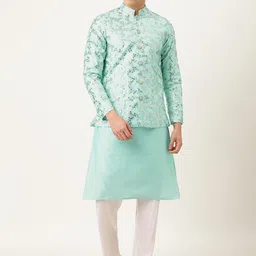 Ethnovog Men BlueWhite Solid Made To Measure Kurta with PyjamasNehru Jacket-46