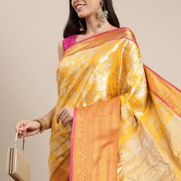 Mitera Yellow Woven Design Zari Tissue Banarasi Saree-image-37