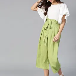 Bitterlime Women White & Green Solid Ruffled Top with Culottes-image-17