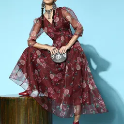 Shae by SASSAFRAS Women Charming Maroon Floral All in the Details Dress-5