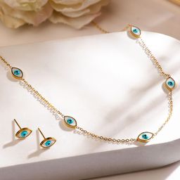 Rubans 18K Gold-Plated Stainless Steel Tarnish-Free Waterproof Evil Eye Necklace Set-18