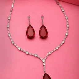 DressBerry Women Silver-Plated Red Artificial Stones Studded Handcrafted Jewellery Set-55