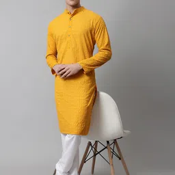 Jompers Men Mustard & White Embroidered Kurta with Churidar-picture-54