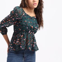 SZN Print Sweetheart Neck Puff Sleeve Georgette Peplum Top-picture-30