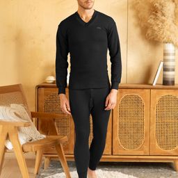Lux Cottswool Men Plus Size Black Solid Cotton Thermal Set-image-22
