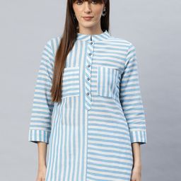 Cottinfab Striped Mandarin Collar Pure Cotton Longline Top-image-68