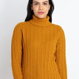 Status Quo Women Mustard Cable Knit Pullover Sweater-image-56