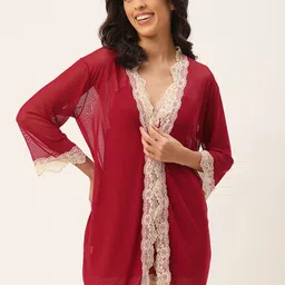 Ms Lingies Maroon & White Net Baby Doll with Robe & Briefs-image-102