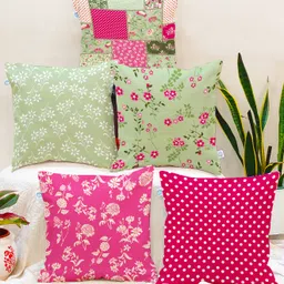 STITCHNEST Pink & White Set of 5 Square Cushion Covers-24