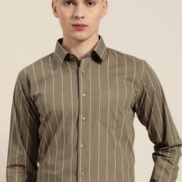 Hancock Men Olive Green Slim Fit Striped Formal Shirt-image-46