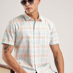 HERE&NOW Men Tartan Checked Spread Collar Cotton Casual Shirt-picture-34