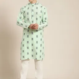 SOJANYA Men Green & Black Pure Cotton Self Design Kurta-image-26