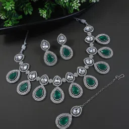 I Jewels Silver-Plated Stone-Studded Choker Jewellery Set-image-14