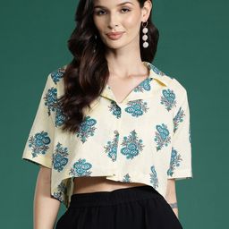 Indo Era Floral Print Block Print Cotton Shirt Style Crop Top-image-76