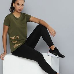 HRX by Hrithik Roshan Women Olive Green & Gold Brand Logo Printed Cotton T-shirt-image-28