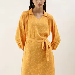 AND Yellow & White Polka Dot Printed Casual Wrap Dress-image-60