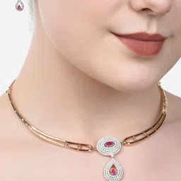 AMI Women Gold-Plated & Pink CZ Studded Jewellery Set-image-30