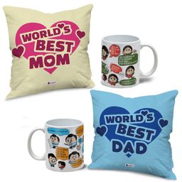 Indigifts World's Best Mom & Dad Printed Pre-Filled Cushions With Printed Coffee Mugs-picture-0