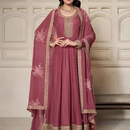 Seerat Floral Yoke Design Fit and Flare Silk Ethnic Dress With Dupatta-image-74